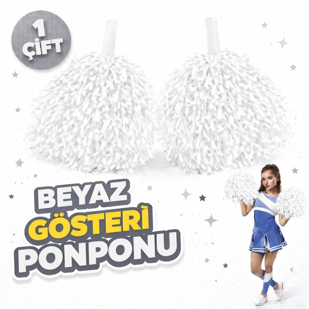 1 Çift ( 2 Adet ) Beyaz Renk 23 Nisan 19 Mayıs 29 Ekim Okul Gösteri Ponponları Ekstra Dolgun (5563)