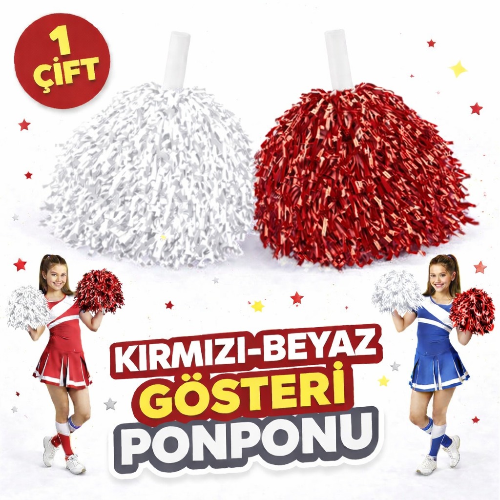 1 Çift ( 2 Adet ) Kırmızı-Beyaz Renk 23 Nisan 19 Mayıs 29 Ekim Okul Gösteri Ponponları Ekstra Dolgun (5563)