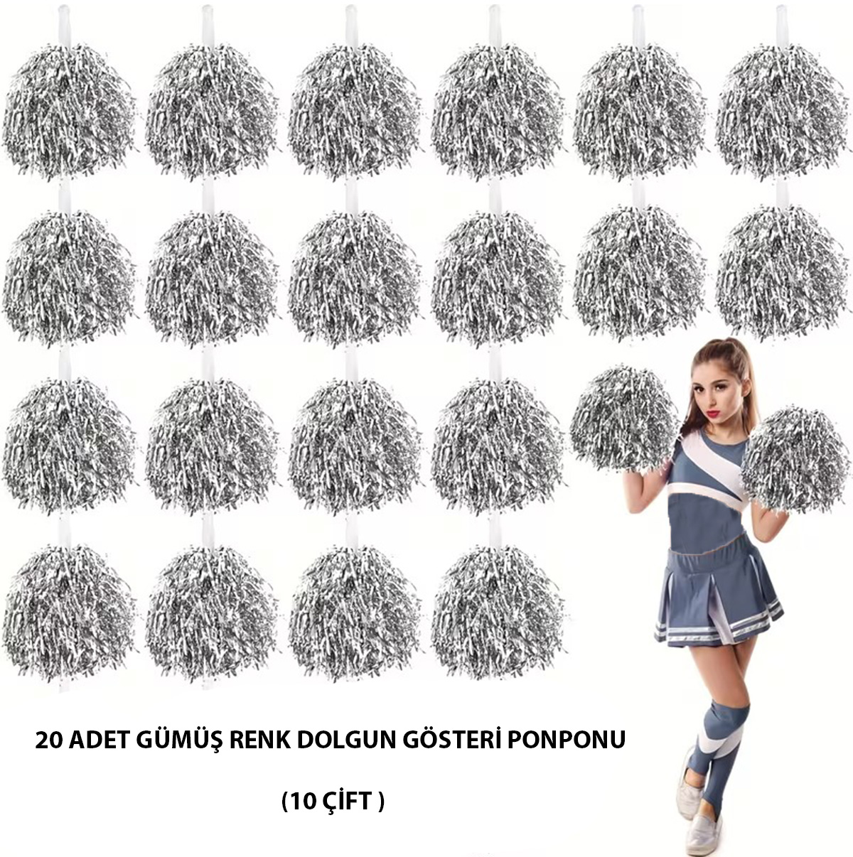 10 Çift ( 20 Adet ) Gümüş Renk 23 Nisan 19 Mayıs 29 Ekim Okul Gösteri Ponponları (5563)