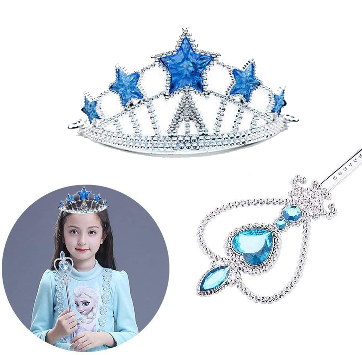 Karlar Ülkesi Elsa Yıldız Mavi Taç ve Elsa Asa Seti 2 Parça (5563)