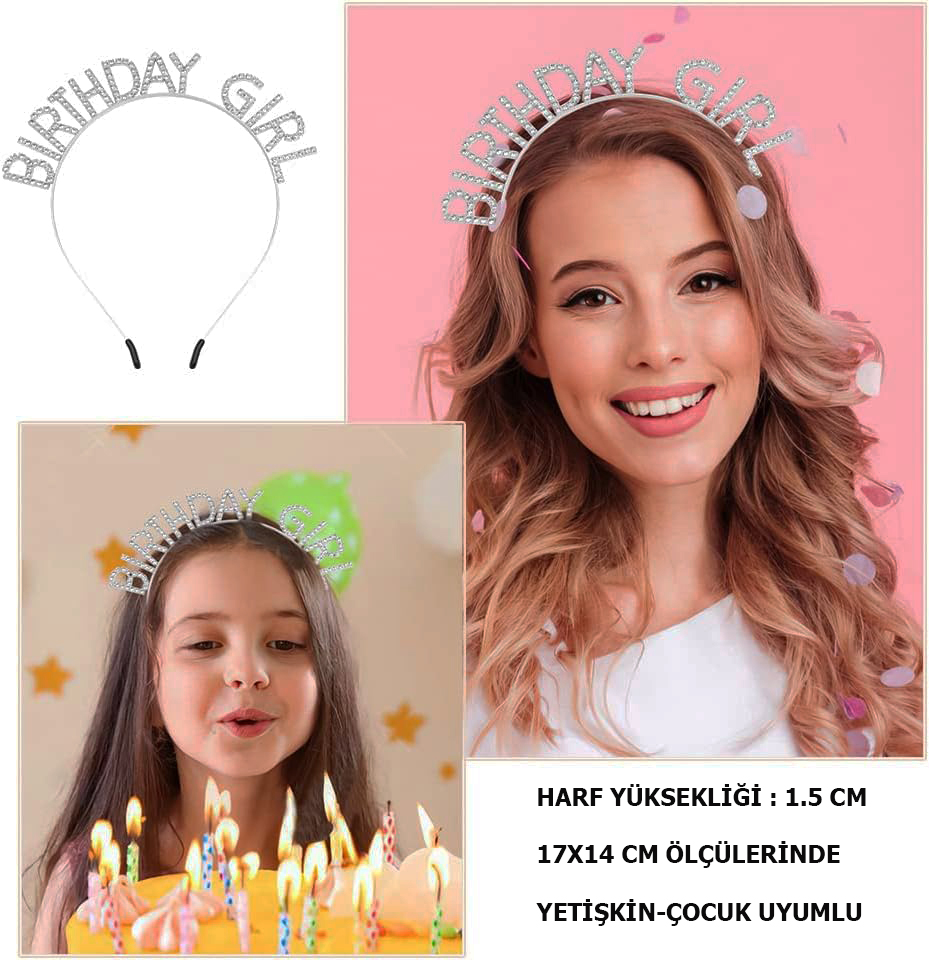 Kristal Taşlı Gümüş Birthday Girl Yazılı Doğum Günü Parti Tacı 19x11 cm (5563)