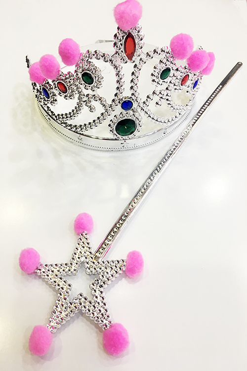 Pembe Ponponlu Gümüş Renk Prenses Tacı ve Gümüş Renk Prenses Asası (5563)