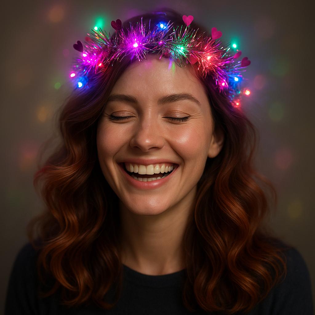 Kalp Püsküllü Gece Parıltısı 3 Modlu LED&amp;apos;li Işıklı Taç Fuşya Renk (5563)