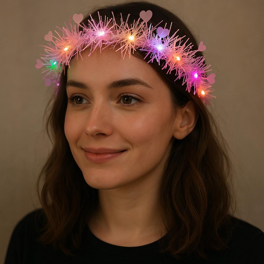 Kalp Püsküllü Gece Parıltısı 3 Modlu LED&amp;apos;li Işıklı Taç Pembe Renk (5563)