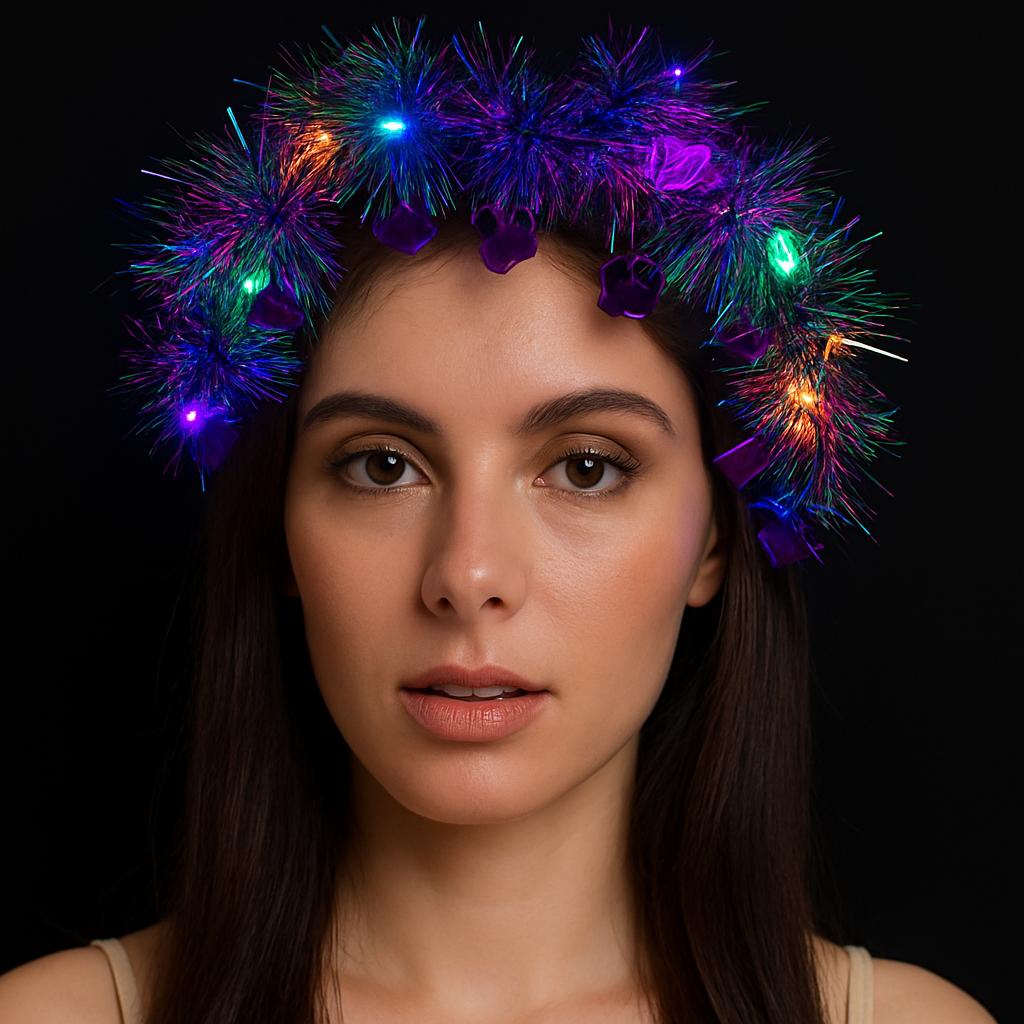 Kalp Püsküllü Gece Parıltısı 3 Modlu LED&amp;apos;li Işıklı Taç Mor Renk (5563)