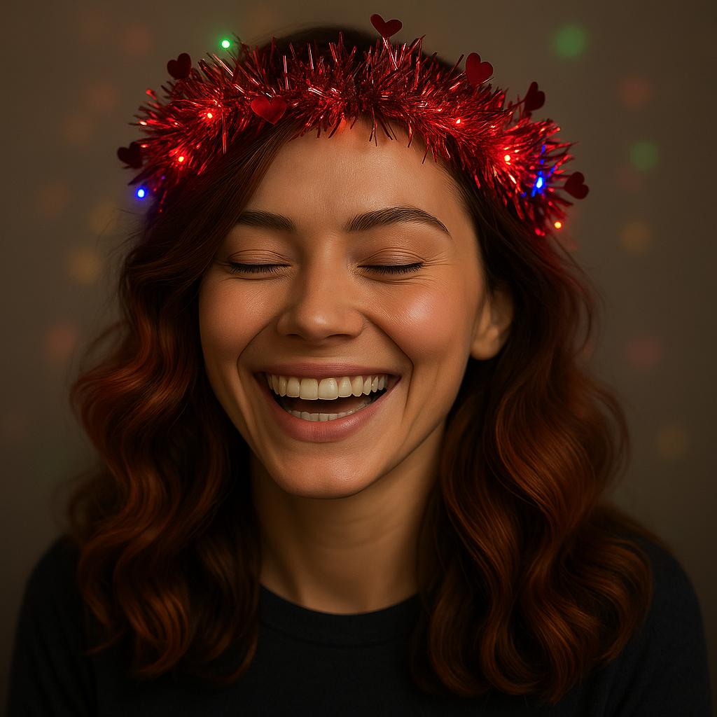 Kalp Püsküllü Gece Parıltısı 3 Modlu LED&amp;apos;li Işıklı Taç Kırmızı Renk (5563)