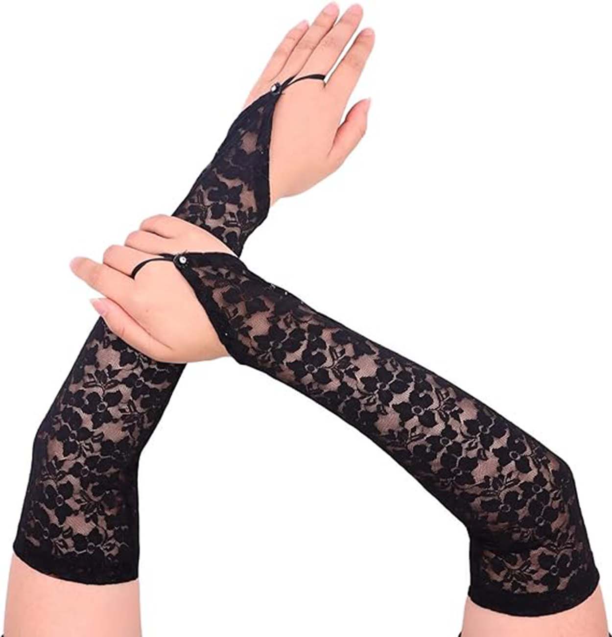 Elegante schwarze Spitzenhandschuhe mit Fingeröse 40 cm (5563)