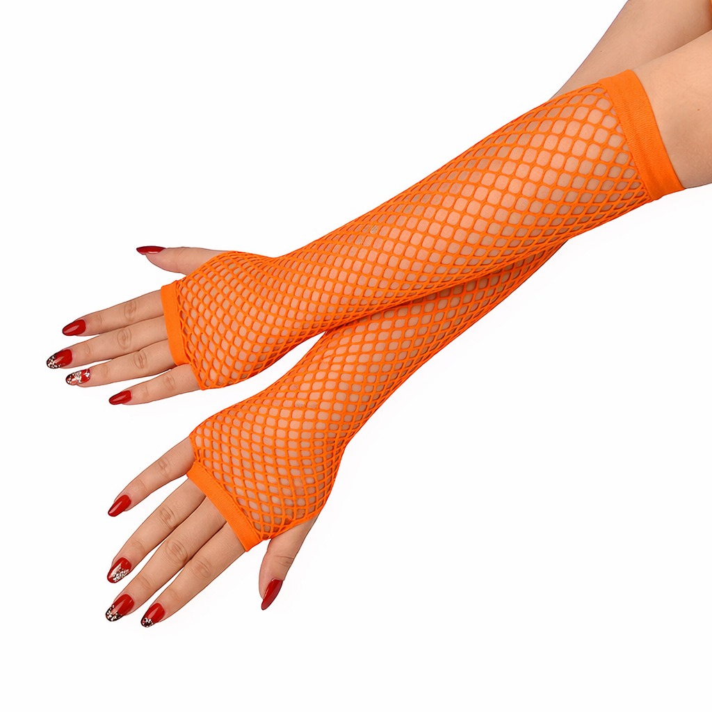 80er 90er Retro Orange Netzhandschuhe Fingerlos 26 cm (5563)