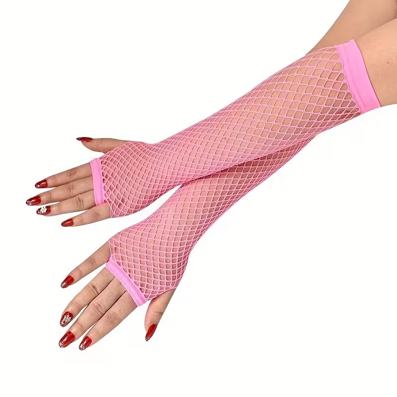 80er 90er Retro Neon Pink Netzhandschuhe Fingerlos 26 cm (5563)