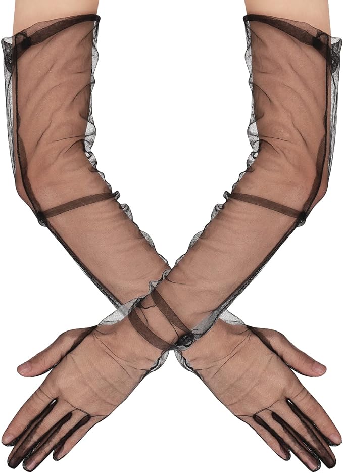 Lange schwarze Elasthan-Tüll-Handschuhe für Erwachsene 53 cm (5563)