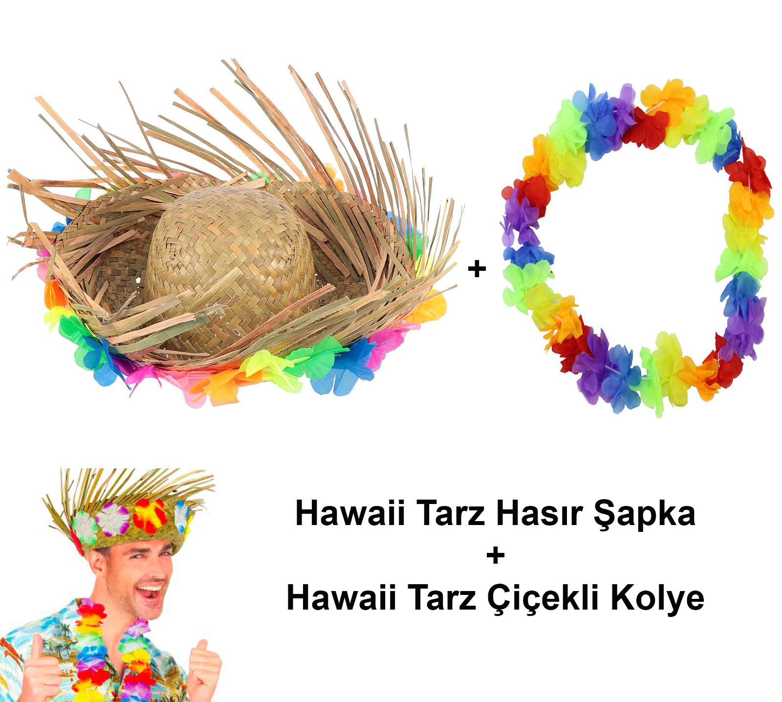 Hawaii Tarzı Tropikal Çiçekli Hasır Şapka ve Çiçekli Hawaii Kolye (5563)
