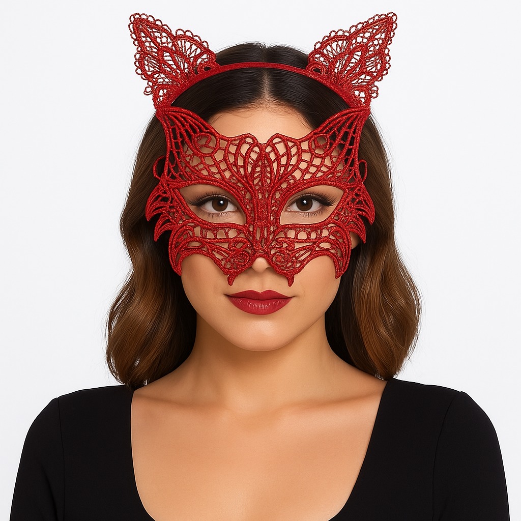 Kırmızı Dantel Kedi Maskesi ve Dantel Taç Seti 8 No – Kadın Kostüm Aksesuarı (5563)