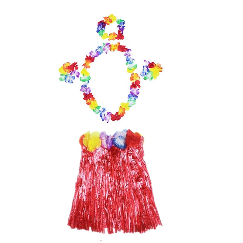 Luau Aloha Hawaii  Kolye Etek Taç ve Bileklik Seti Kırmızı (5563)