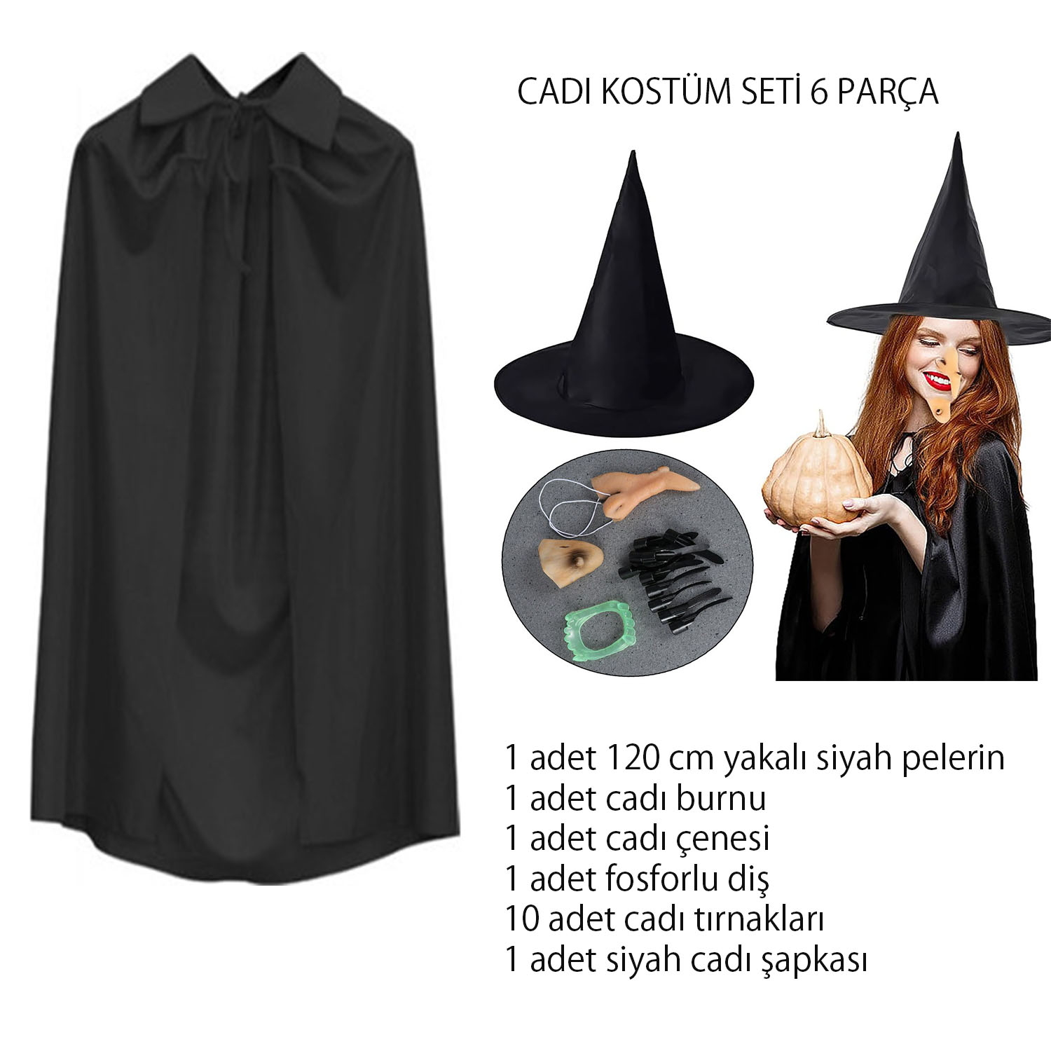 Cadı Kostüm Seti 6 Parça - Şapka Pelerin Diş Tırnaklar Çene ve Burun (5563)