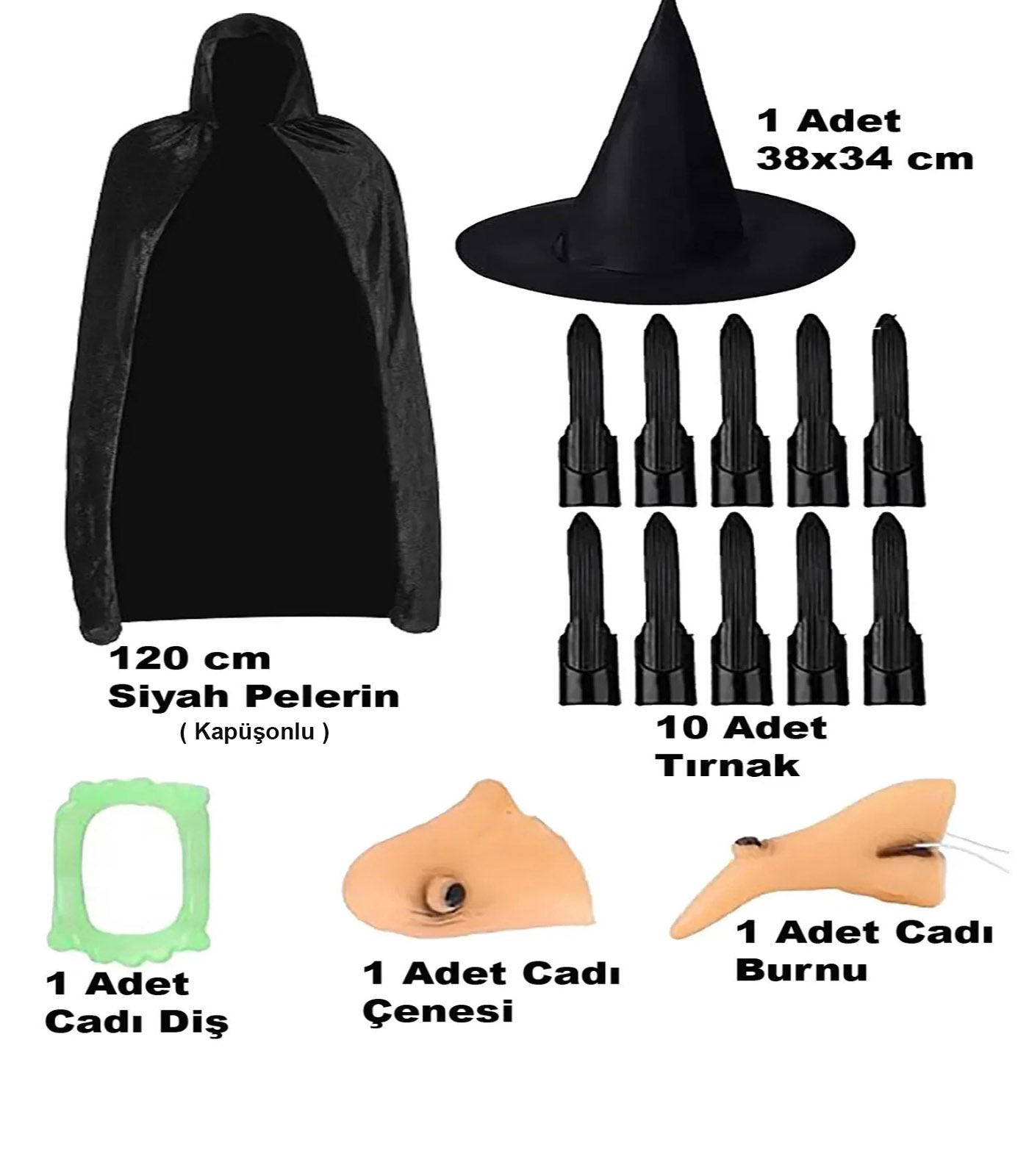 Siyah Kapüşonlu Pelerin 120 cm Tırnaklar Diş Çene Burun ve Şapka Seti (5563)