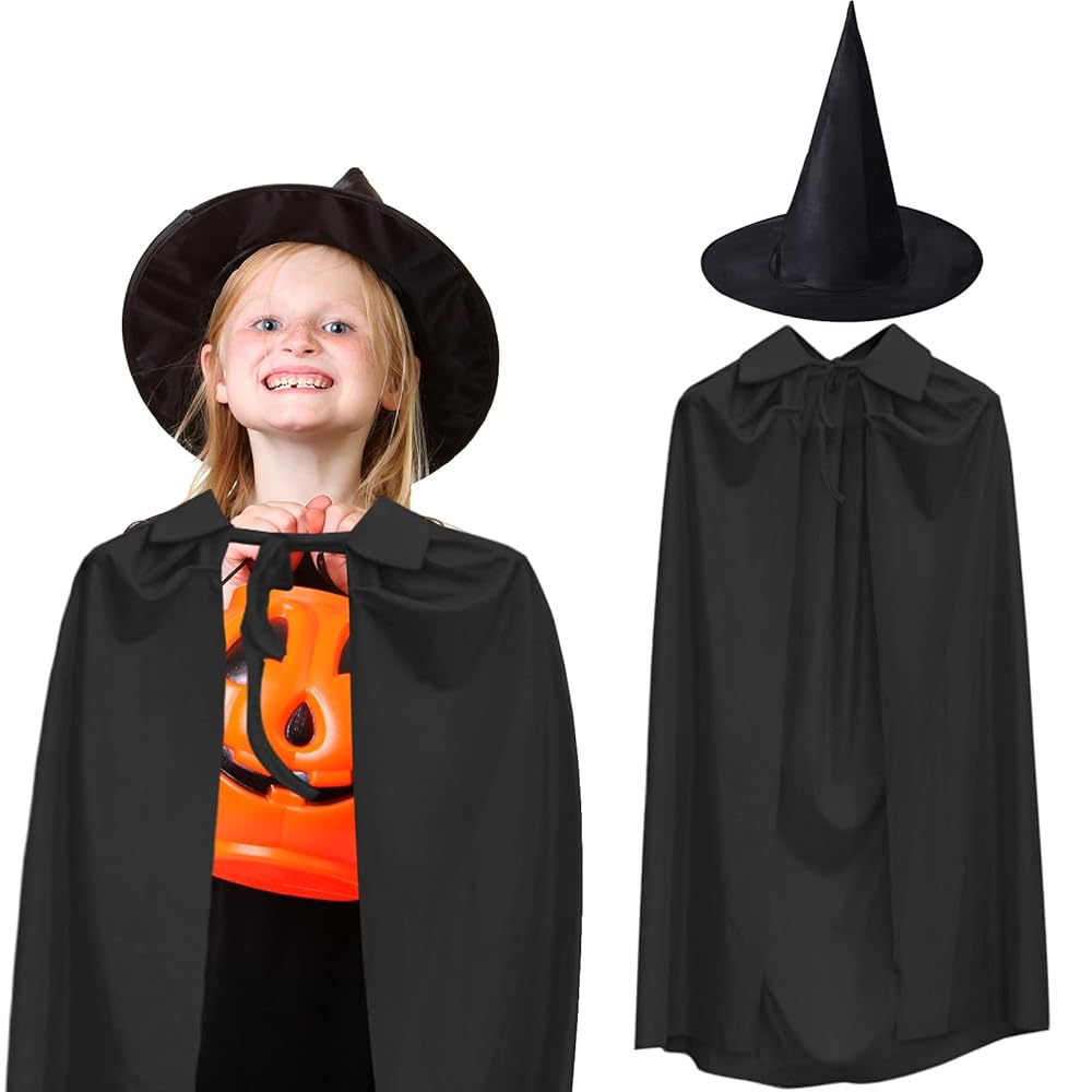 90 cm Siyah Yakalı Pelerin ve Siyah Cadı Şapkası Kostüm Seti (5563)