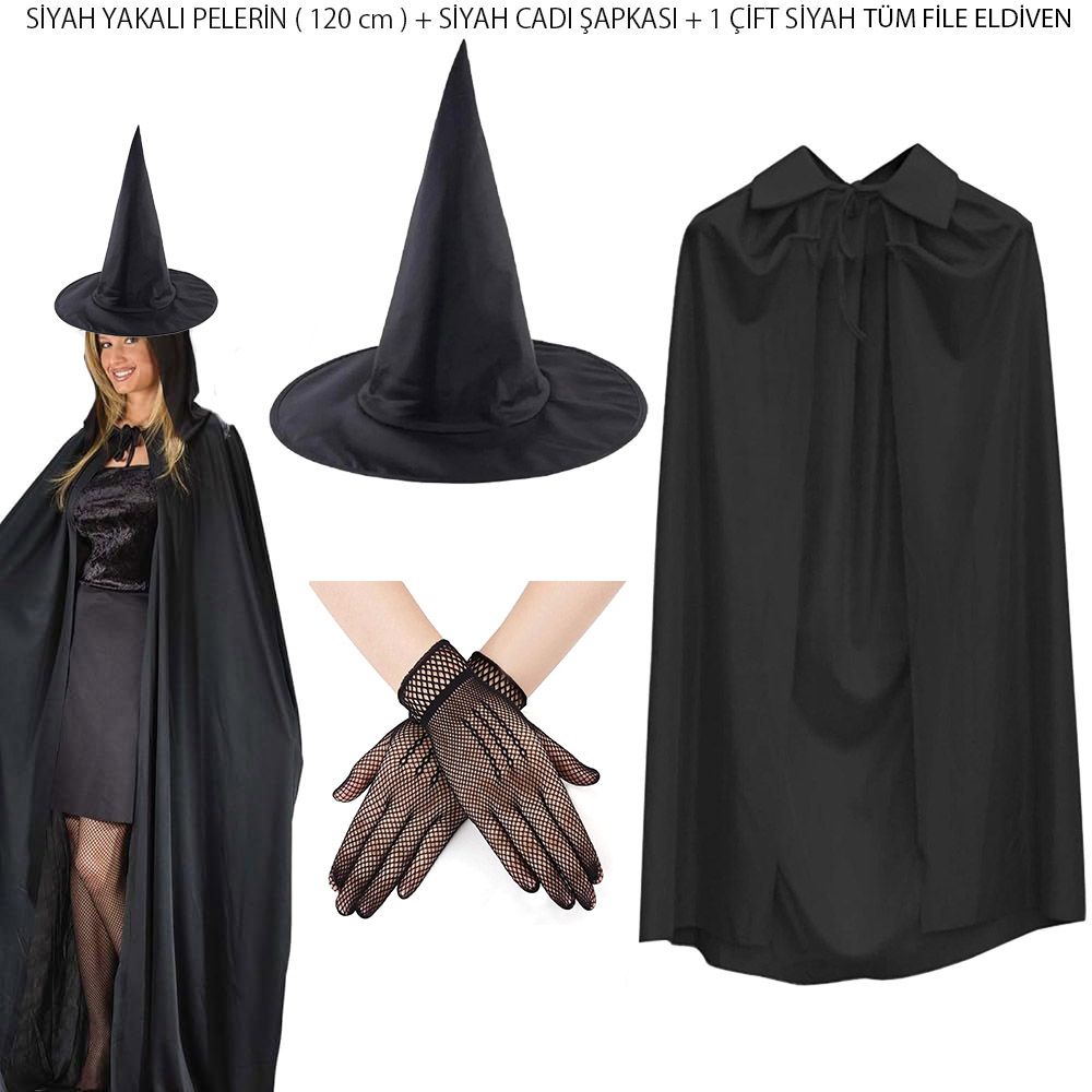 120 cm schwarzes Hexenkostüm Set mit Kragen, Hut und Handschuhen (5563)