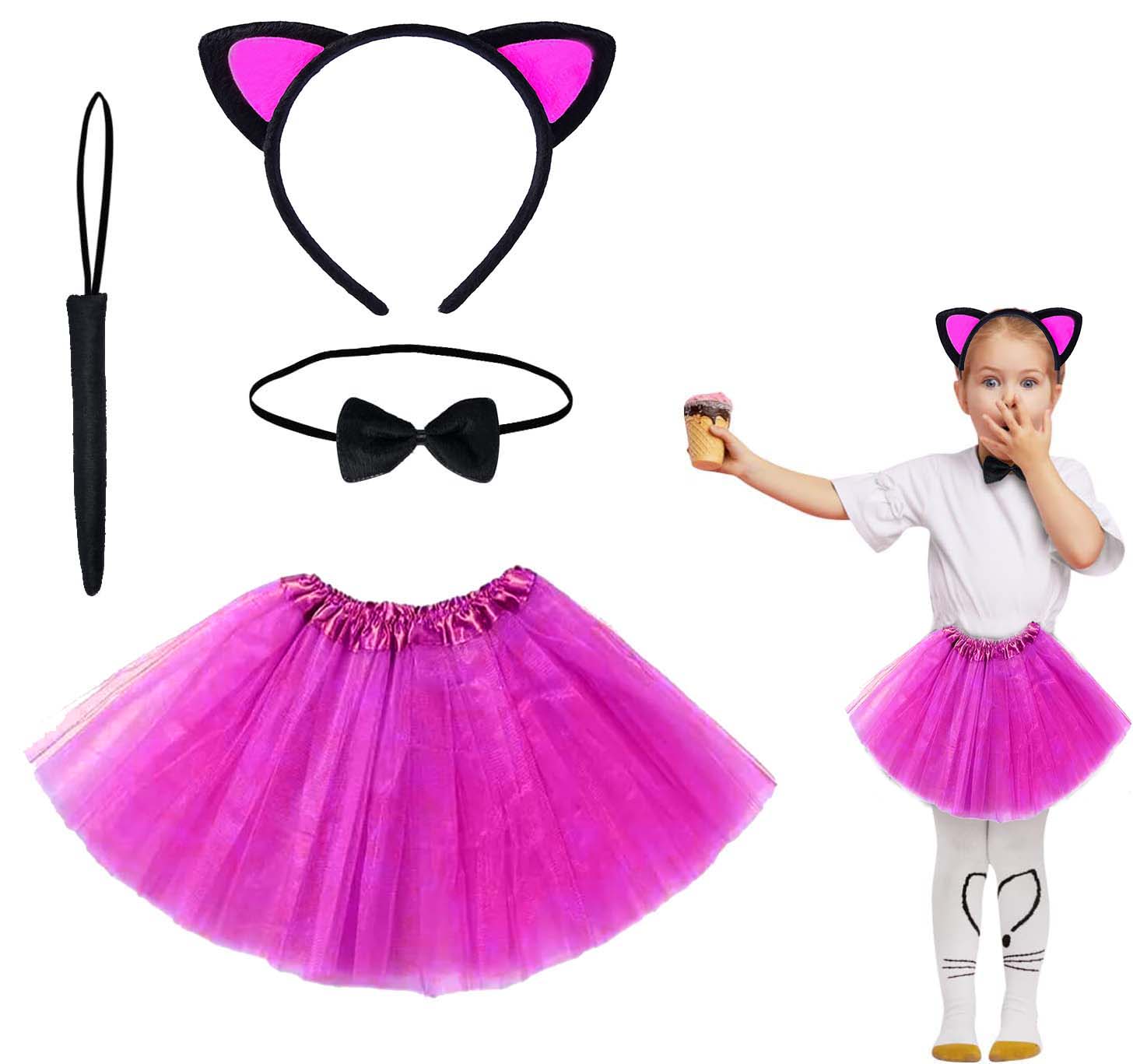 Magenta Katzen-Kostüm-Set mit Rock (Tutu, Krone, Fliege, Schwanz)