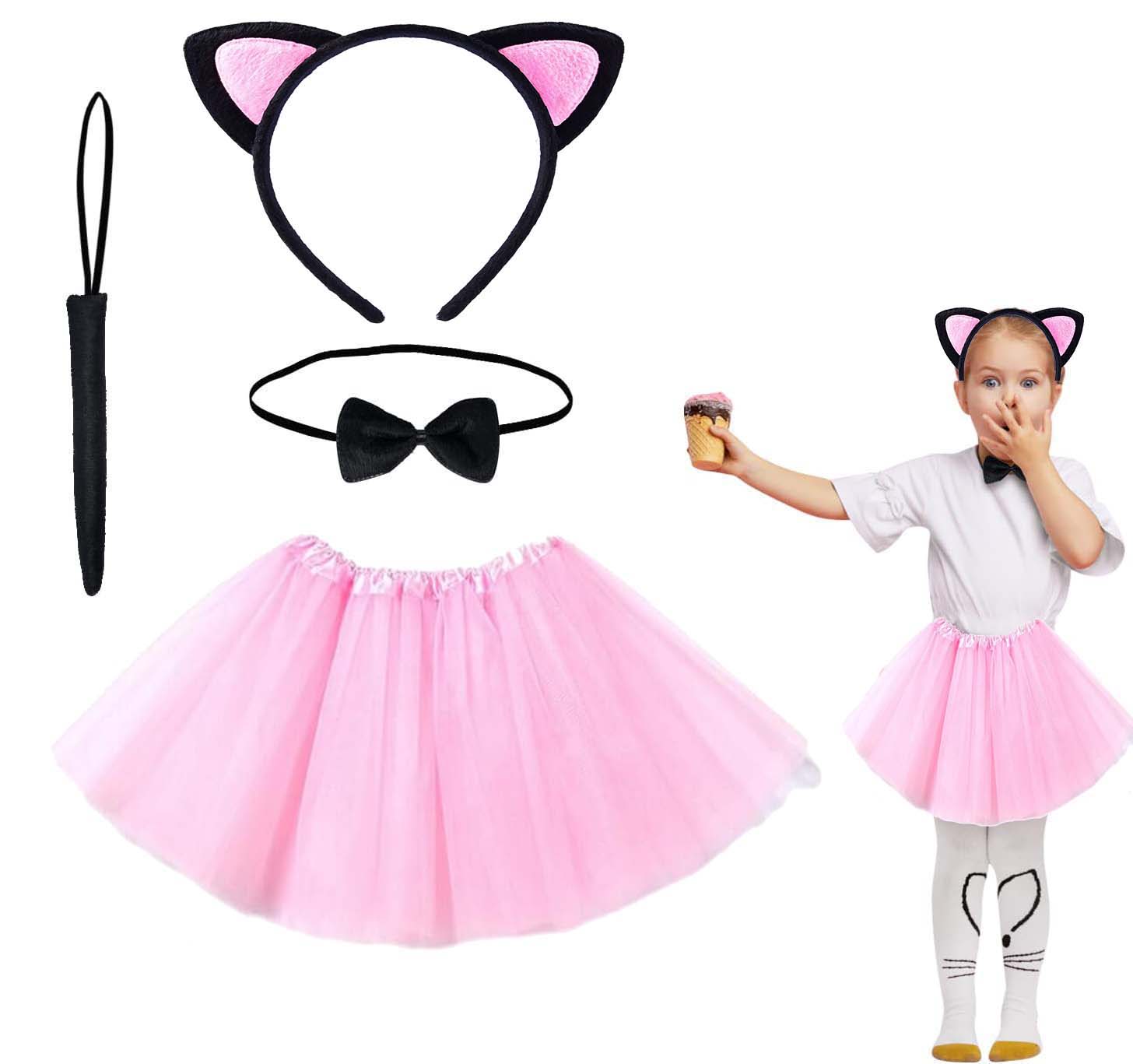 Rosa Katzenkostüm-Set mit Rock (Tutu, Krone, Schleife, Schwanz) (5563)