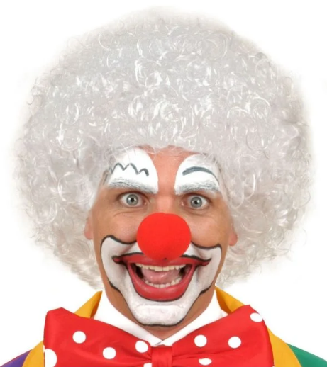 Weiße lockige Afro Bonus Perücke und rote Schaumstoff Nase Set (5563)