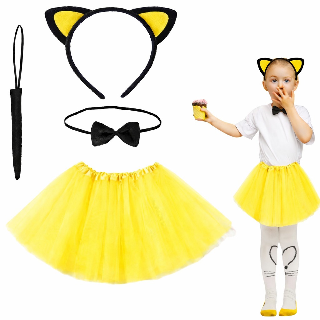 Sarı Renk Etekli Kedi Kostüm Seti (Tütü, Taç, Papyon, Kuyruk) (5563)