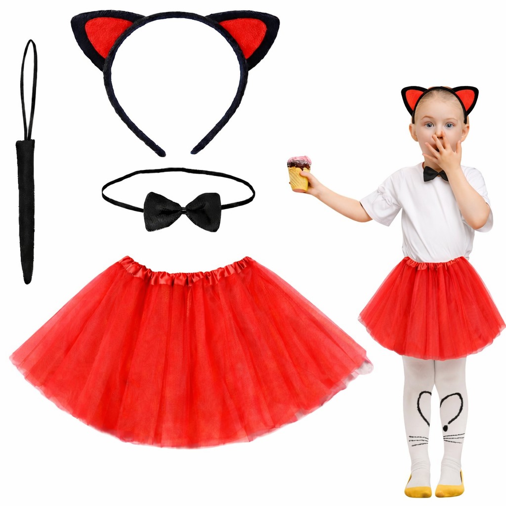 Kırmızı Renk Etekli Kedi Kostüm Seti (Tütü, Taç, Papyon, Kuyruk) (5563)