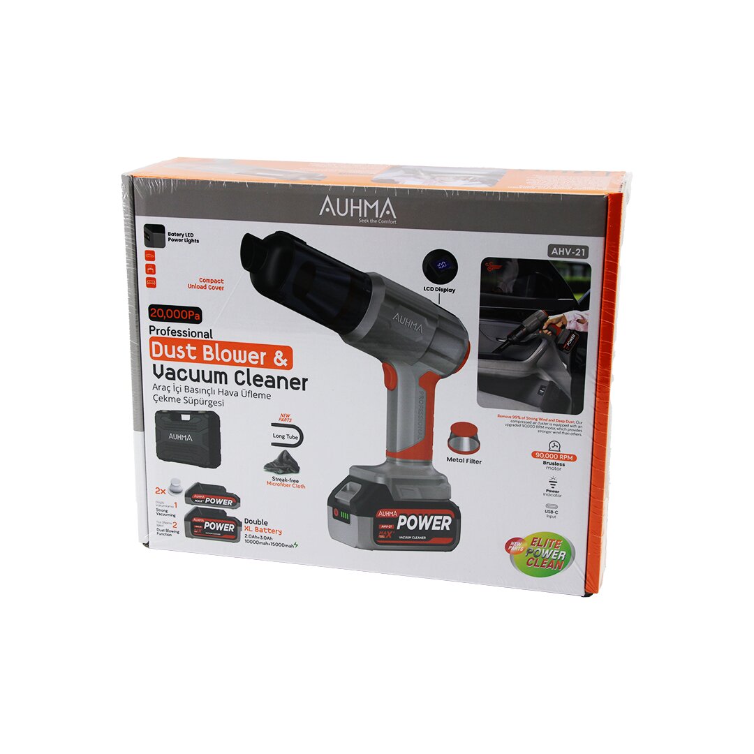 OTO ARAÇ TYPE-C SARJLI - LCD EKRAN EL TİPİ BASINÇLI HAVA ÜFLEME - SÜPÜRGE MAKİNE YEDEK BATARYA - 2 X FİLTRE MİKROFİBER BEZ 8 BAŞLIK 175W AHV-21 (5563)