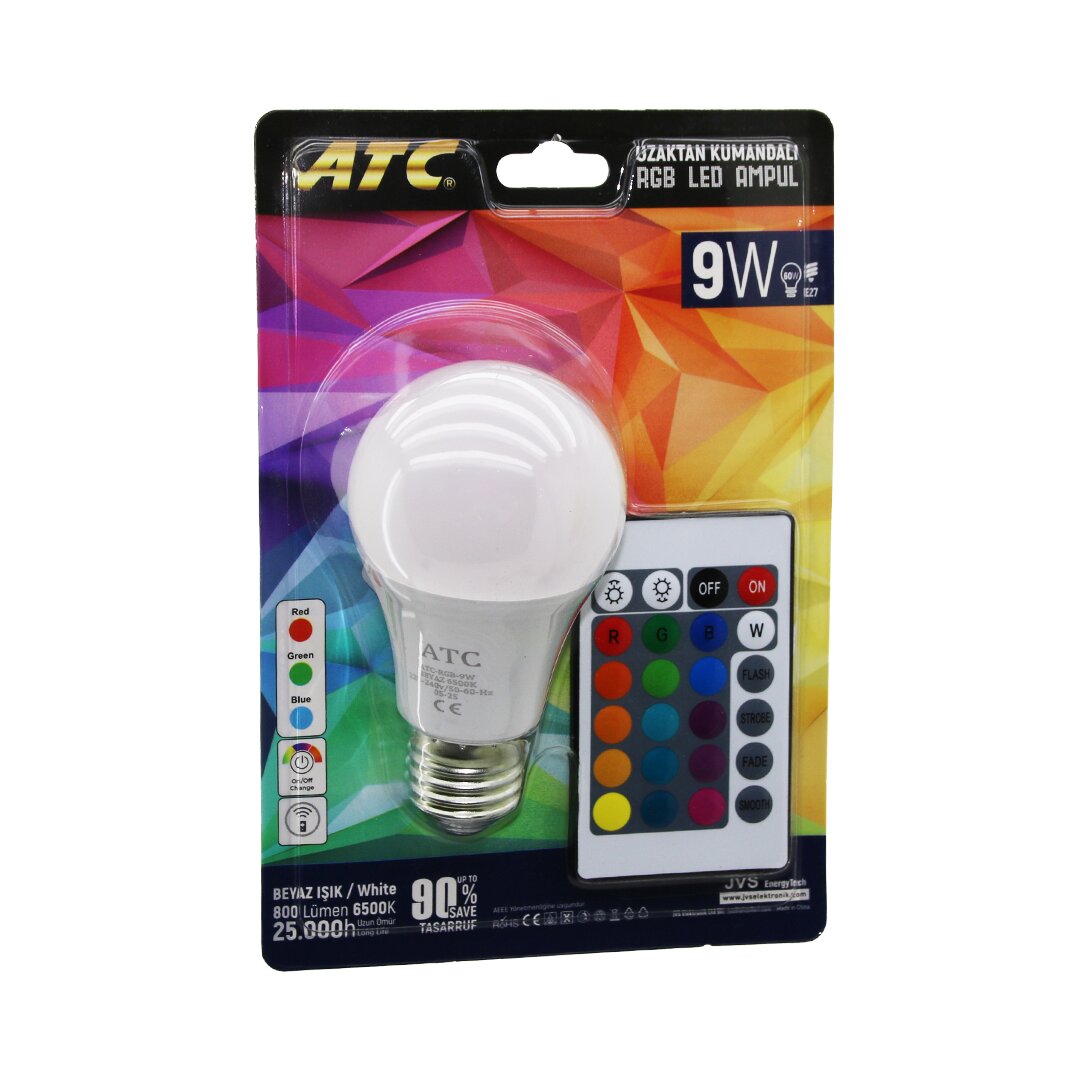 ATC-RGB-9W  KUMANDALI   9W=60W  RGB=16-RENKLİ LED AMPUL E27 800 LÜMEN 6500K 25.000 SAAT ÖMÜR (5563)