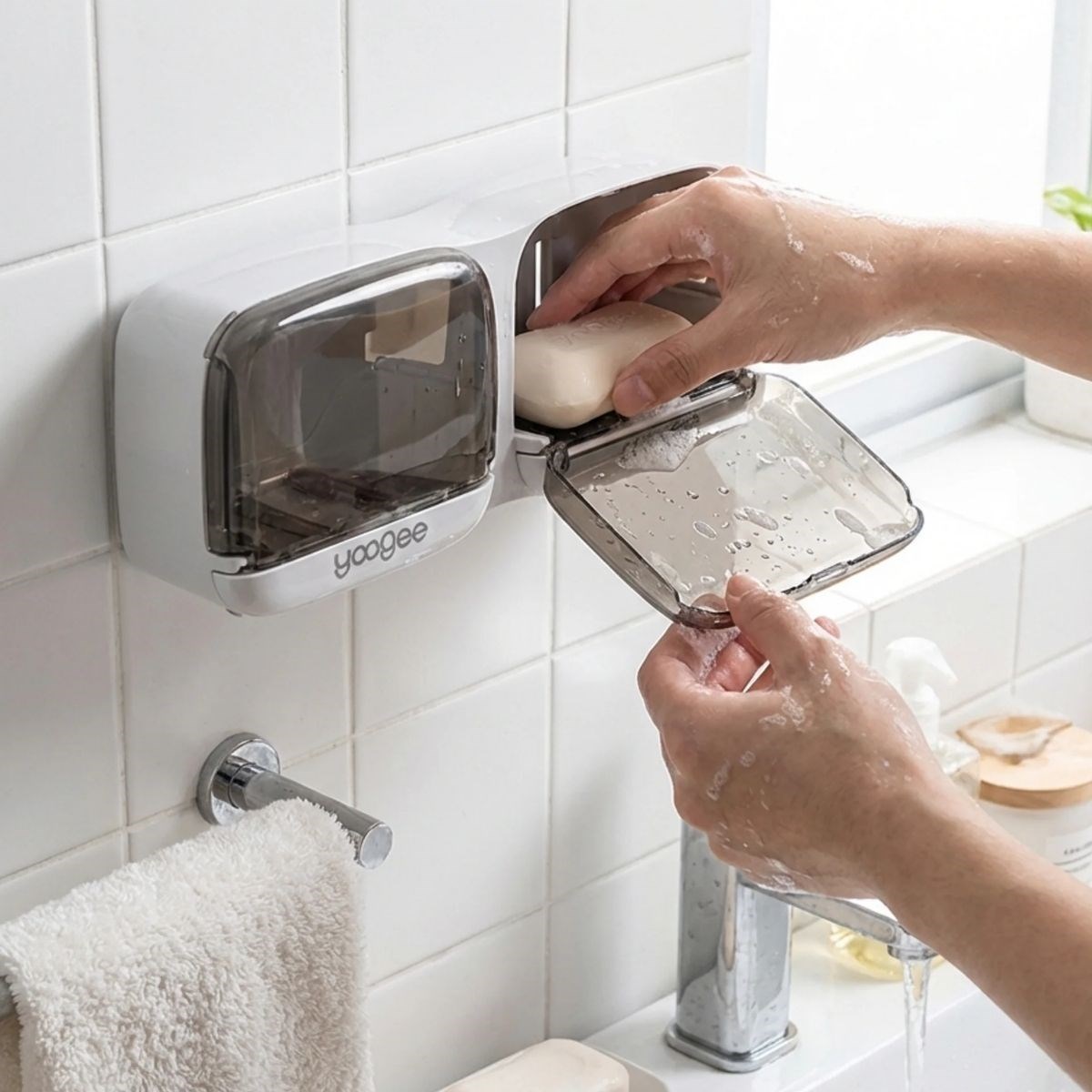 Wandmontierter Doppeldeckel-Kunststoff-Seifenorganizer – Haftend für Bad & Küche (5563)