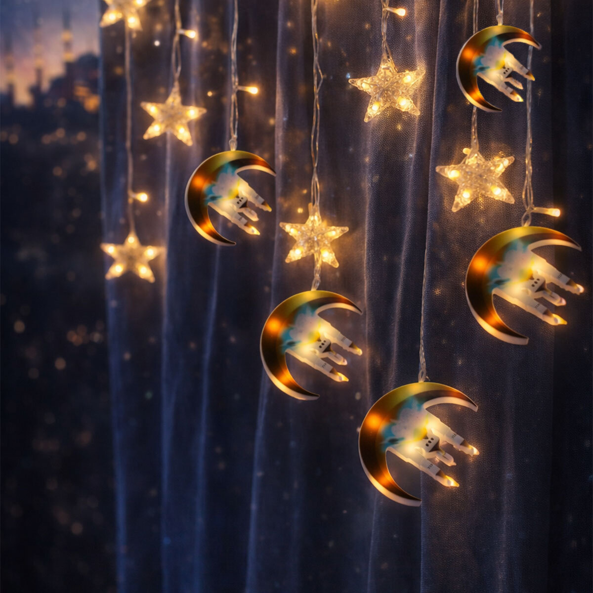 3MT Stecker - Erweiterbare Ramadan Dekoleuchte - Vorhang LED Halbmond - Moschee - Stern EKL-09 (5563)