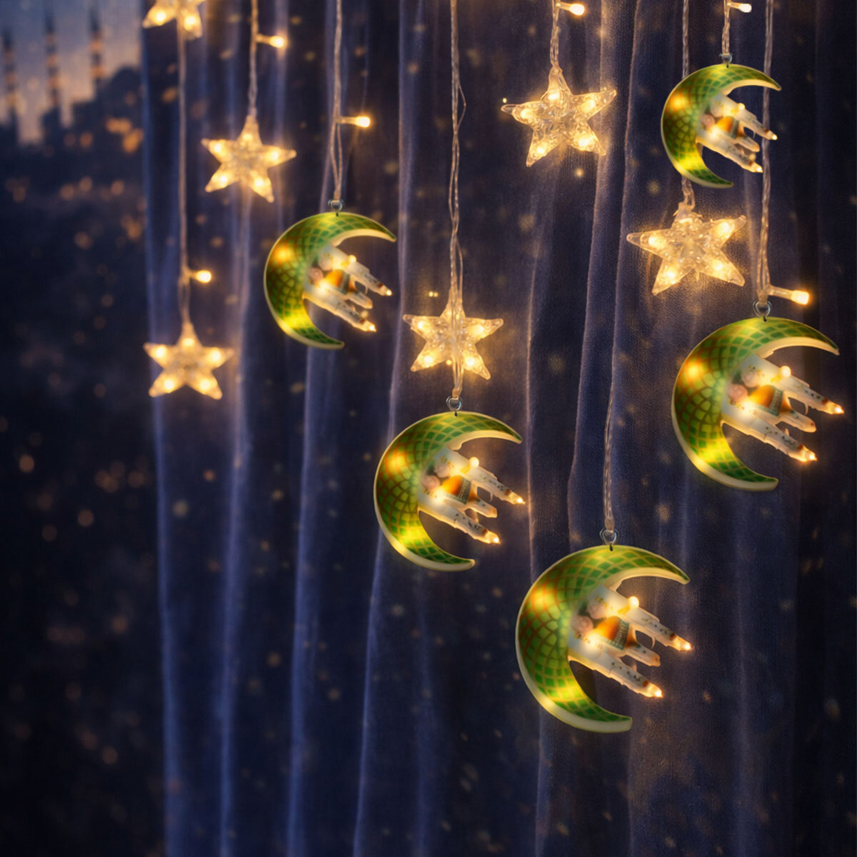 3M Stecker - Ramadan Deko Lampe LED Vorhang Grüner Mond Moschee Stern