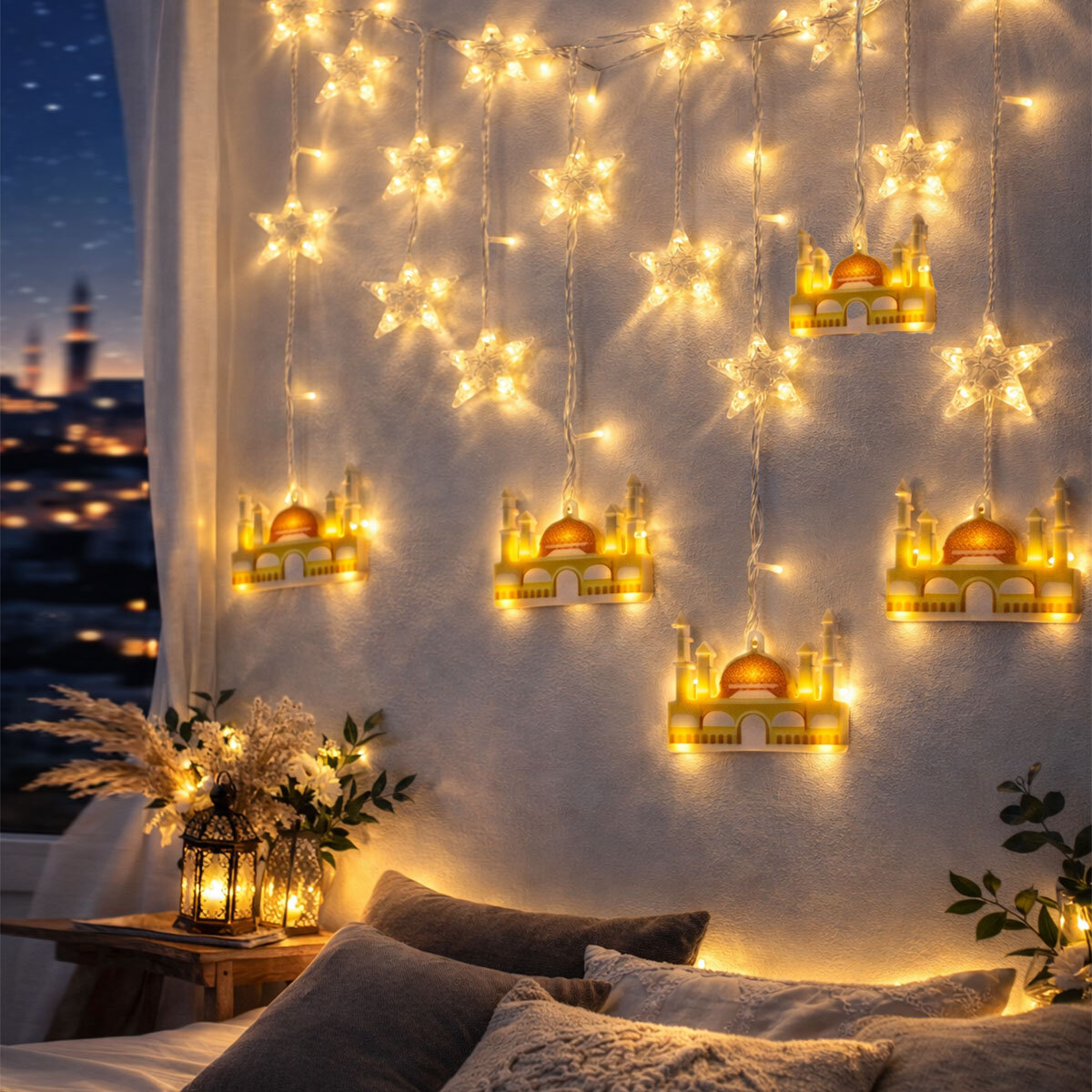 3MT FİŞLİ - EKLEMELİ RAMAZAN DEKOR LAMBA - PERDE LED SARI CAMİ - YILDIZ EKL-09-03 (5563)