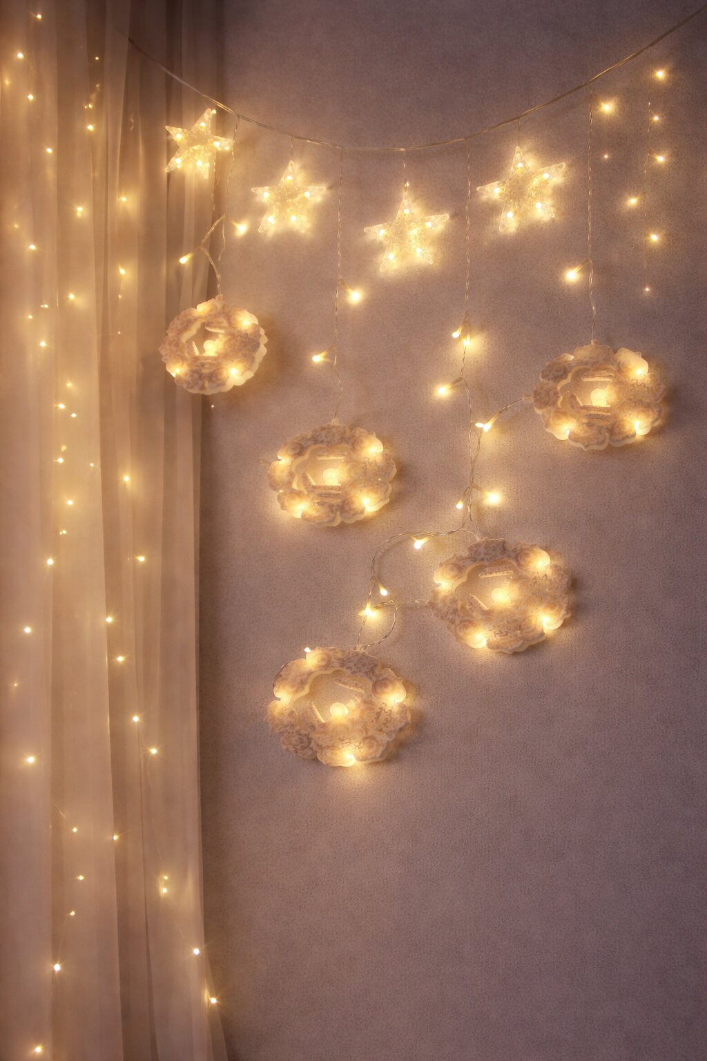 3MT FİŞLİ - EKLEMELİ RAMAZAN DEKOR LAMBA - PERDE LED SARI BEYAZ YUVARLAK CAMİ - YILDIZ EKL-09-04 (5563)