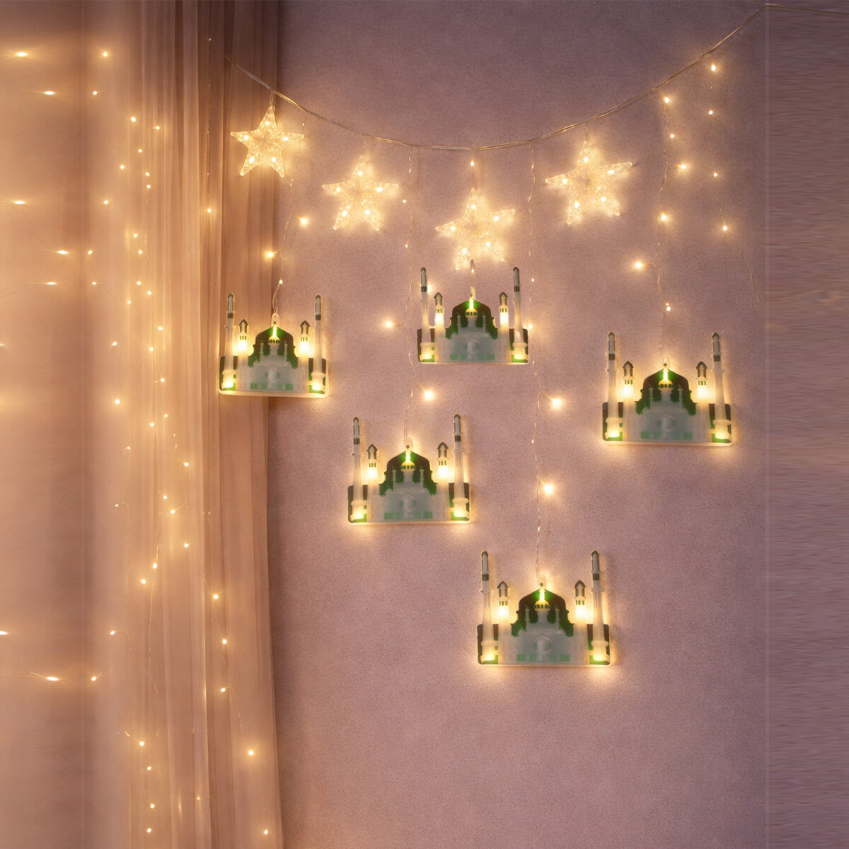 3MT FİŞLİ - EKLEMELİ RAMAZAN DEKOR LAMBA - PERDE LED YEŞİL CAMİ - YILDIZ (5563)