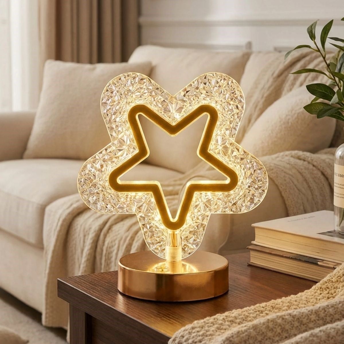 İçi Boş Yıldız Şeklinde Kristal LED Masa Lambası – Dokunmatik, 3 Renk Işık Modlu, Şarjlı Mini Dekoratif Gece Lambası (5563)