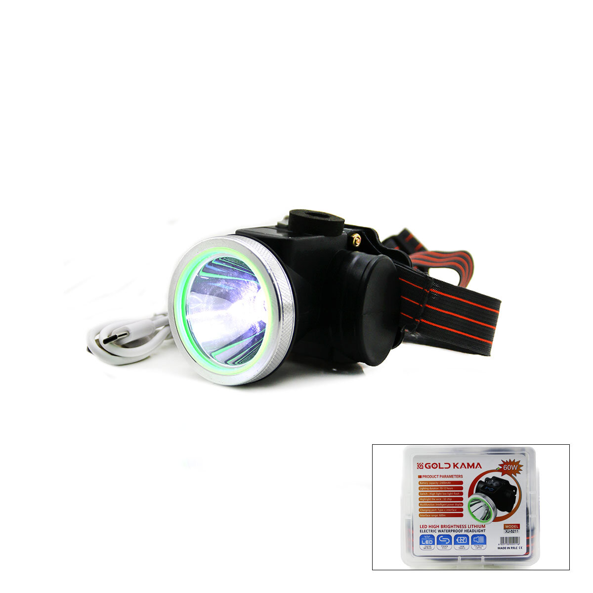 60W USB TYPE-C Stirnlampe mit digitalem 3-Stufen-Licht und Blitz 2400mAh