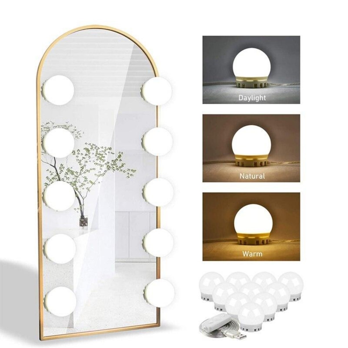 Nostalji Hollywood Tarzı 10'lu Makyaj Masası Aynası Beyaz Led Işıklı Lamba USB (5563)