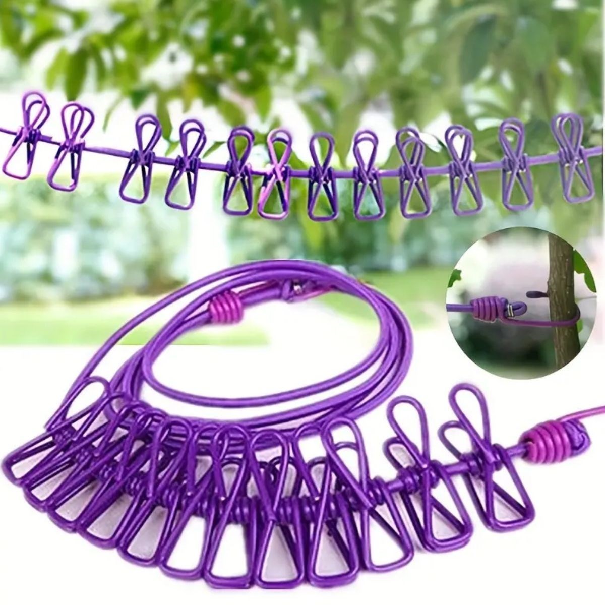 Portable Travel Clothesline with 12 Clips Elastic Clothespin