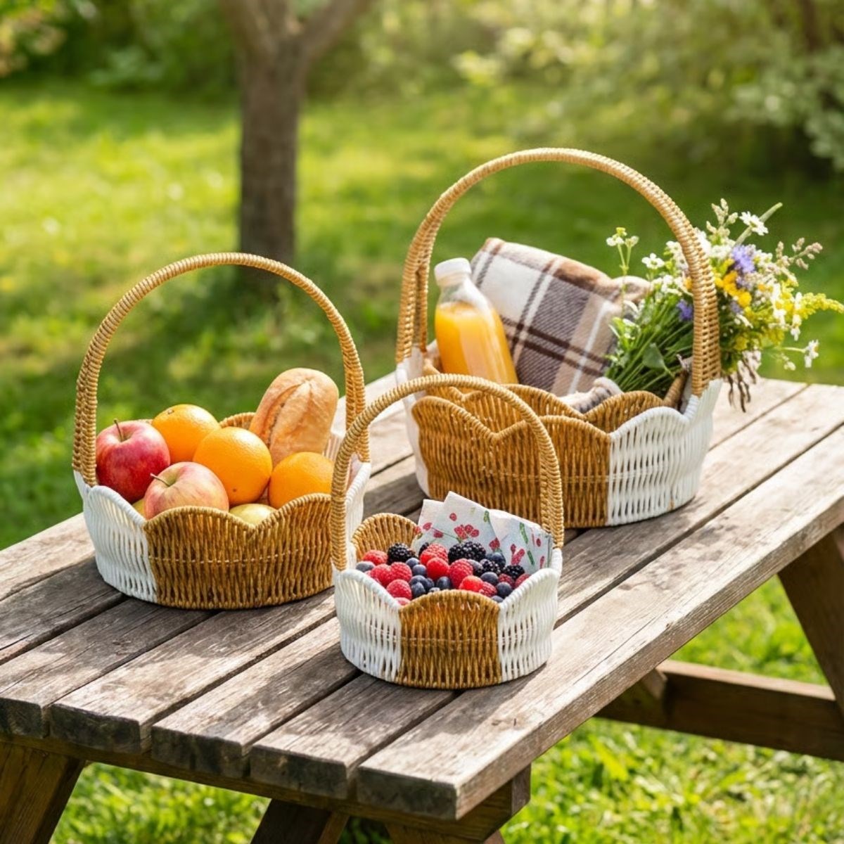3-Piece Nesting Round Wavy Rattan Basket Set with Handles