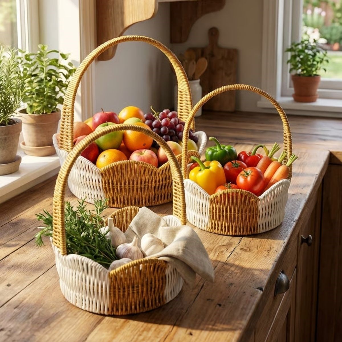 3-Piece Nesting Round Wavy Rattan Basket Set with Handles #3