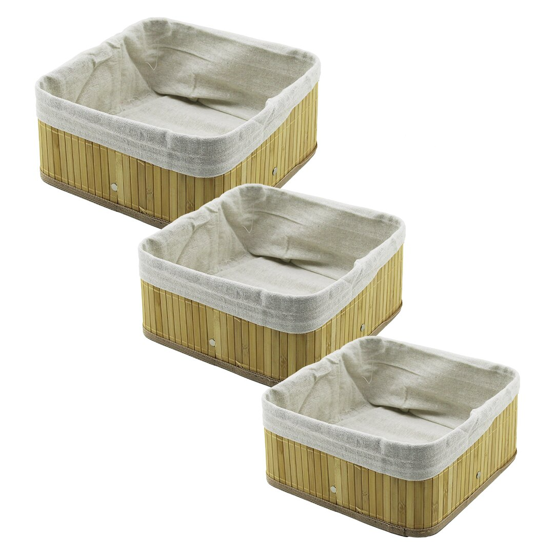3-Piece Square Bamboo Edge Organizer Basket with Wooden Base