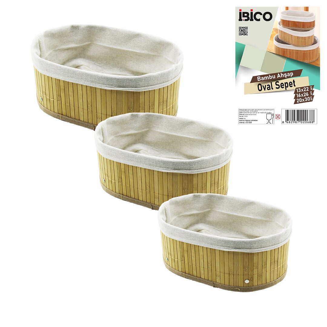 3-Size Oval Bamboo Edge Organizer Basket Wood Base - Lined 1