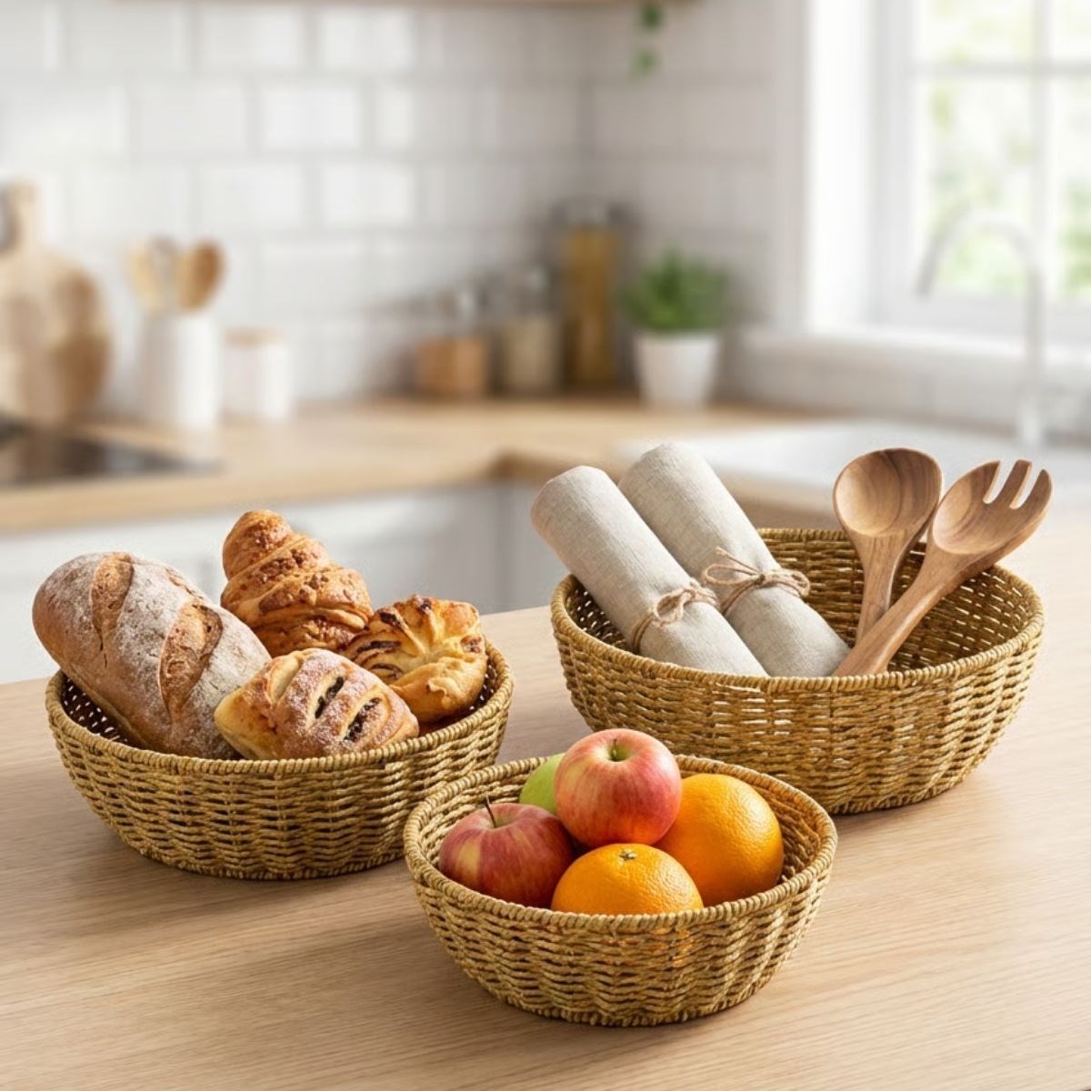 3-Piece Plastic Rattan Bowl Set – Woven Nesting Storage & Di