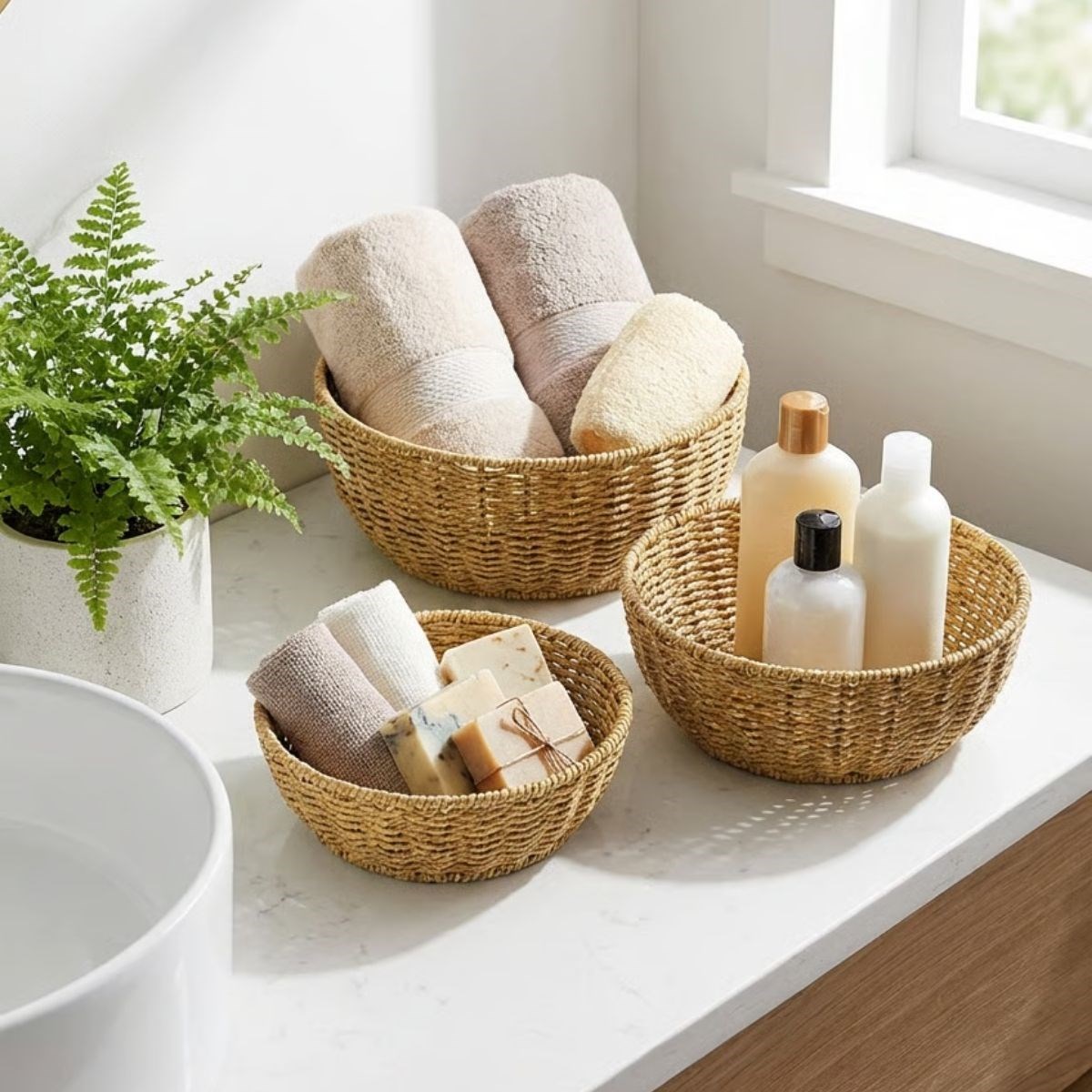 3’lü Plastik Rattan Çanak Seti – Hasır Görünümlü İç İçe Geçebilen Sunum ve Düzenleme Kaseleri, Mutfak &amp;amp; Masaüstü Çok Amaçlı Organizer (5563) #2