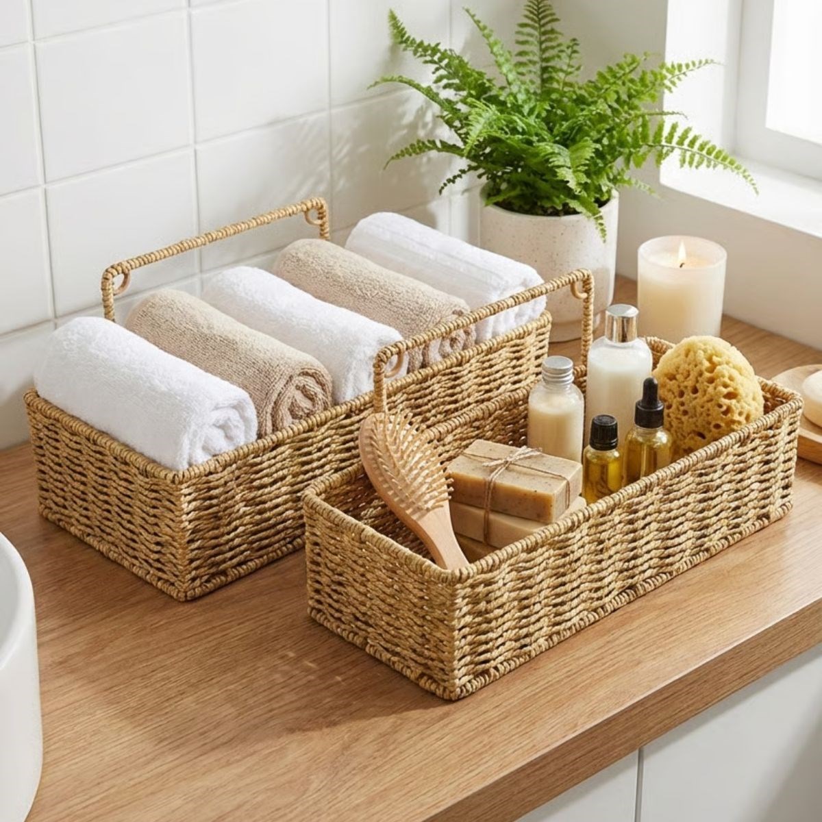 2-Piece Wall-Mounted Plastic Rattan Organizer – Rectangular Woven Kitchen Shelf Basket #2