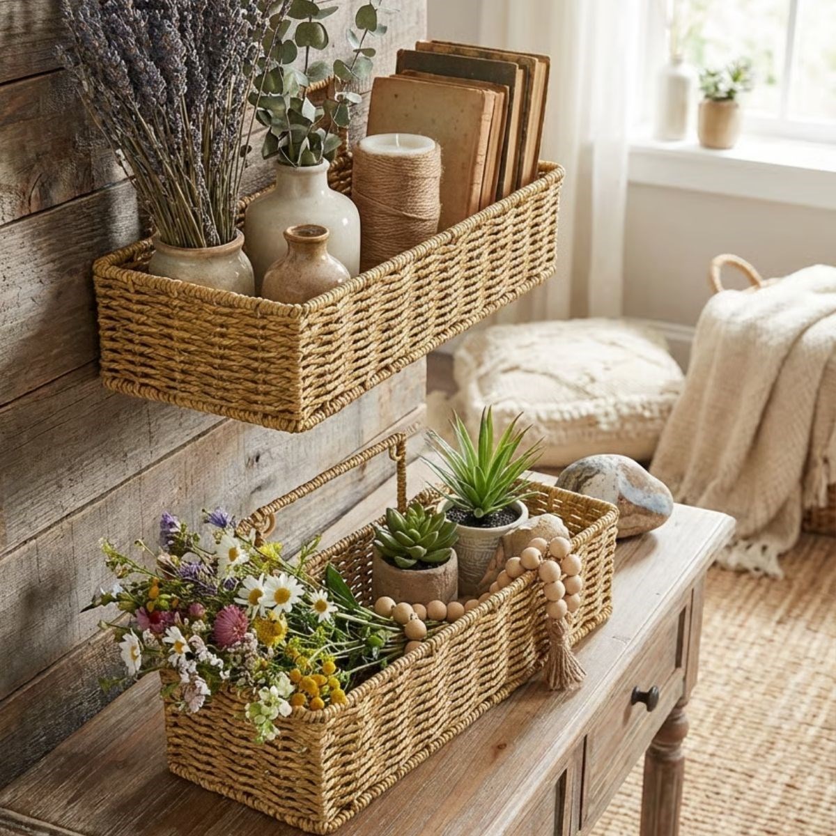 2-Piece Wall-Mounted Plastic Rattan Organizer – Rectangular Woven Kitchen Shelf Basket #3