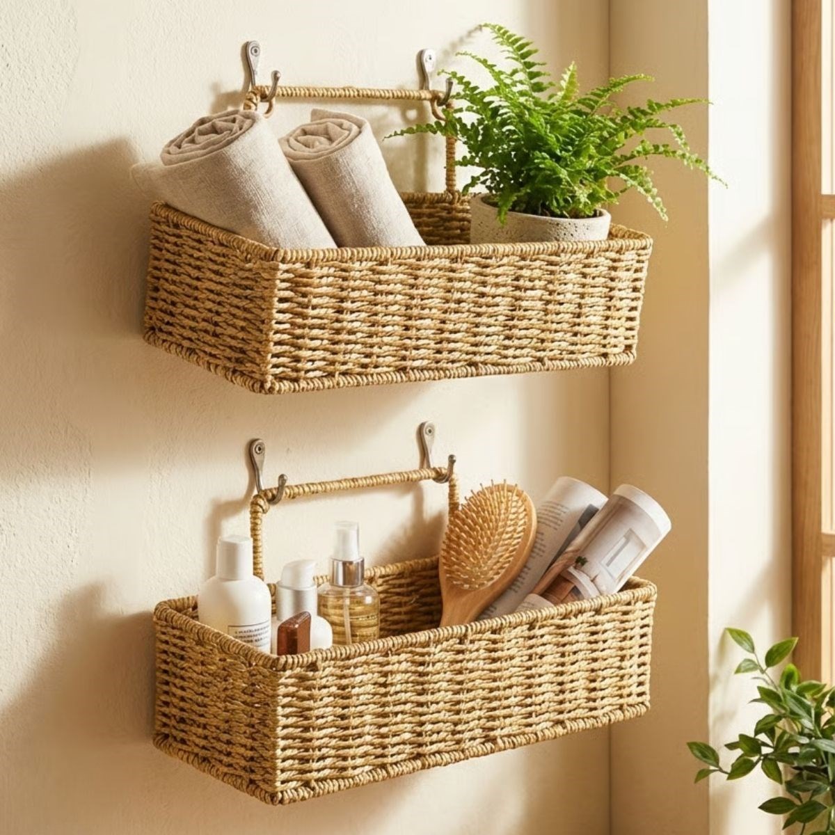2-Piece Wall-Mounted Plastic Rattan Organizer – Rectangular Woven Kitchen Shelf Basket #4