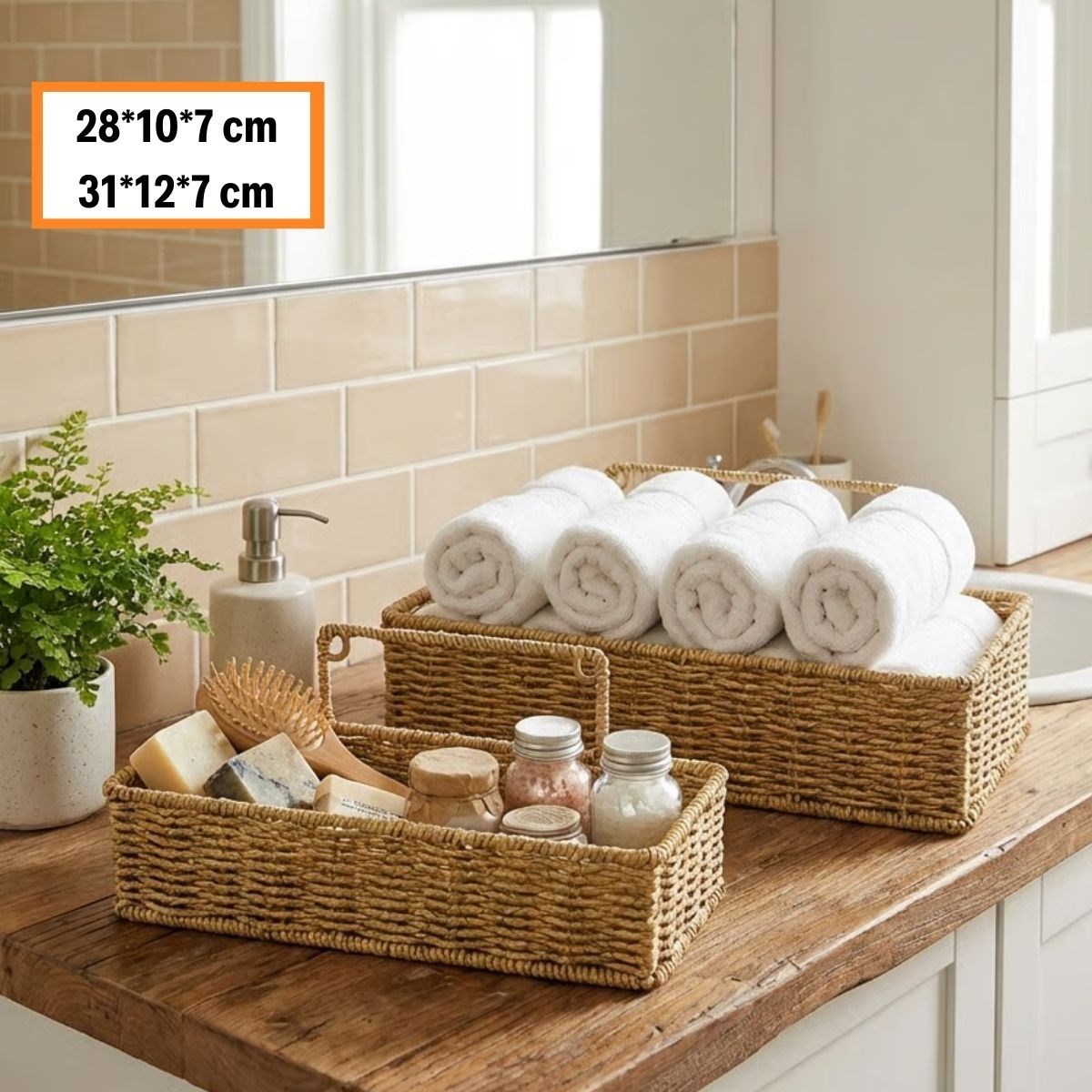 2-Piece Wall-Mounted Plastic Rattan Organizer – Rectangular Woven Kitchen Shelf Basket #5
