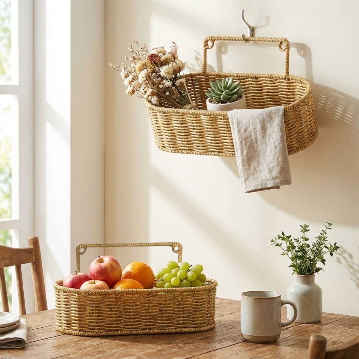 2-Piece Wall-Mounted Plastic Rattan Organizer – Oval Basket