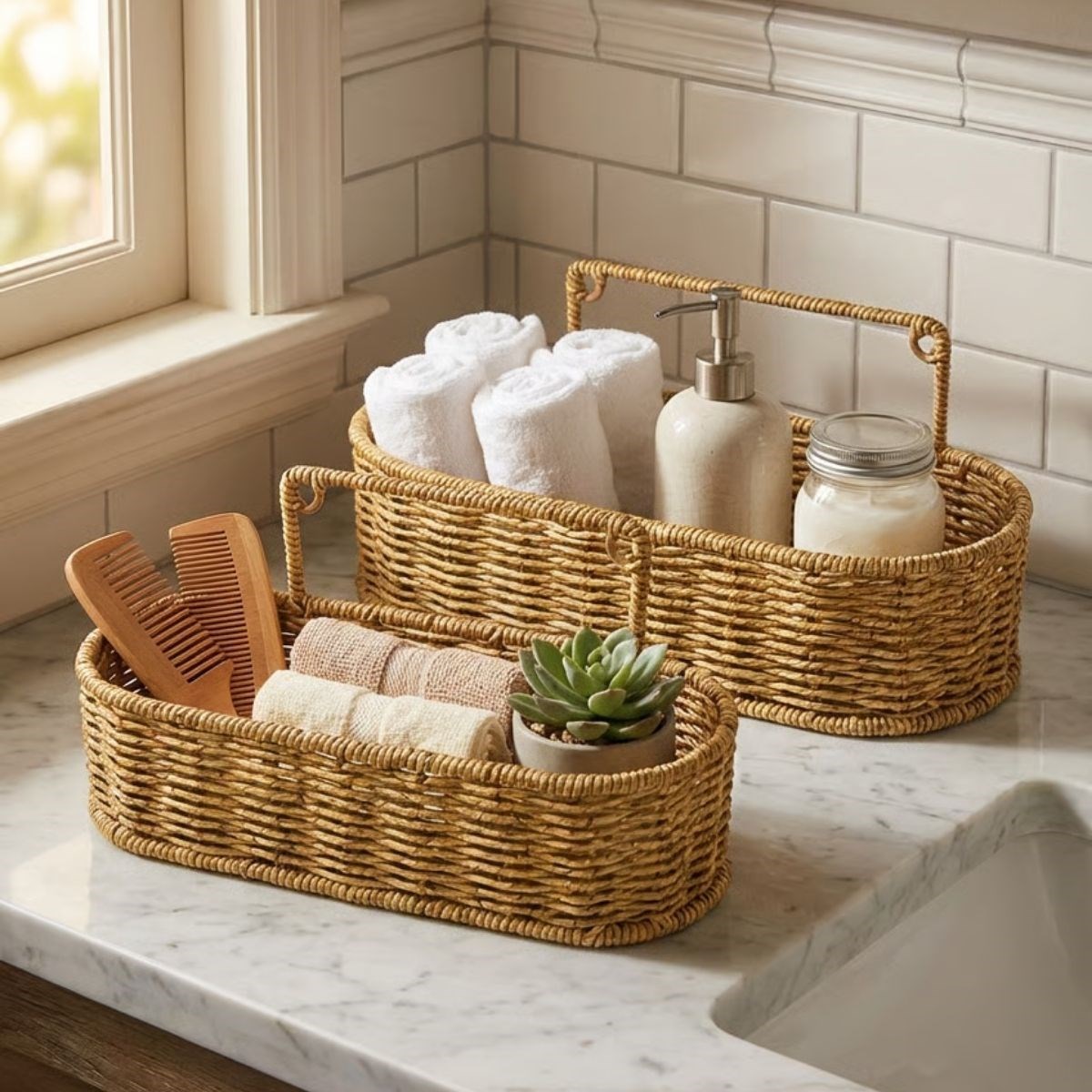 2-Piece Wall-Mounted Plastic Rattan Organizer – Oval Basket #4